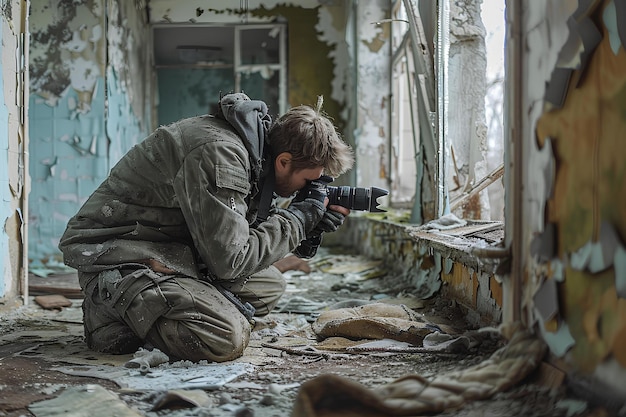 A man kneeling down in a room with a camera in his hand and a paint chipping floor in front of him