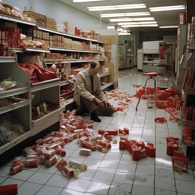 a man kneeling down in a store with a lot of red stuff on the floor