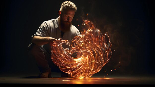 a man kneeling next to a fire