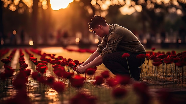 a man kneeling in front of a lake filled with water lilies.