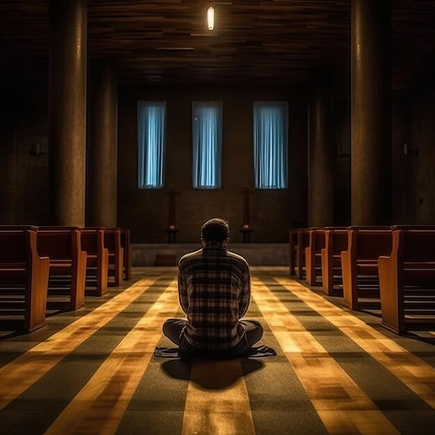 Foto un uomo inginocchiato nel mezzo della chiesa che prega al fondo bianco sfondo bianco hd pho