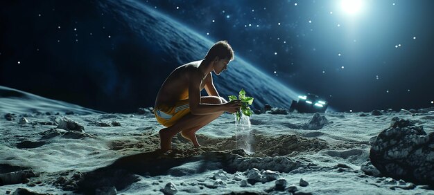 Photo a man kneeling on the moon generative ai