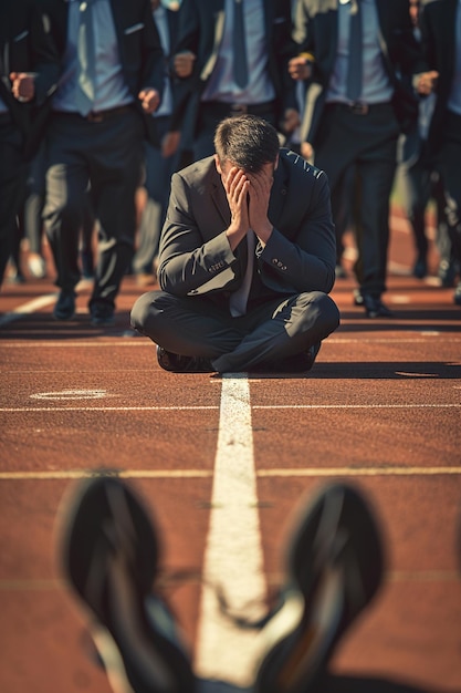 Photo a man kneeling on a track with a man in a suit on his knees