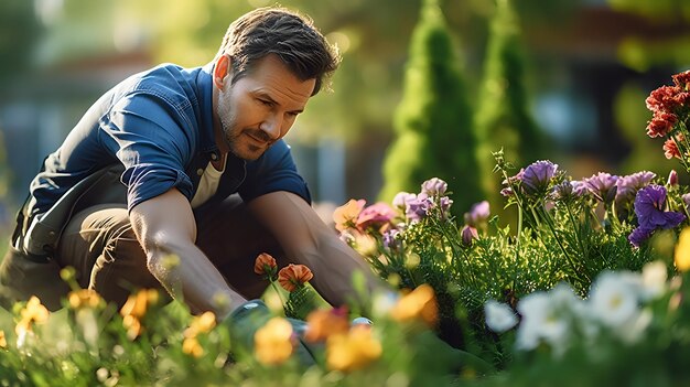Foto un uomo si inginocchia in un giardino per annusare e ispezionare i suoi fiori