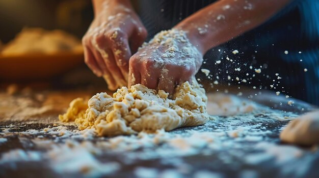 Foto man kneten deeg op houten tafel met meel close-up