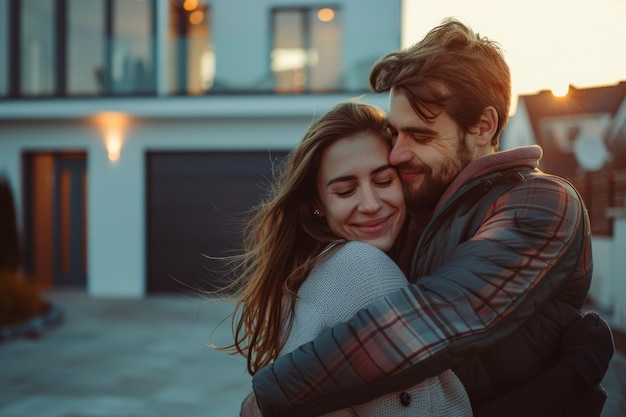 Man knuffelt vrouw voor het huis