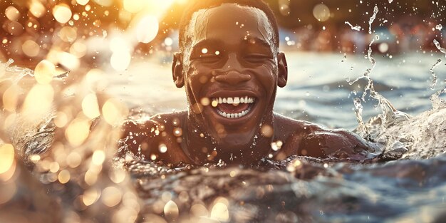 Foto man komt uit het water terwijl glimlachende achtergrond ai gegenereerd