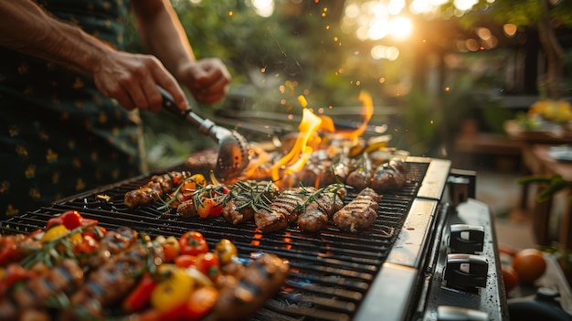 Man kookt heerlijke barbecue op een moderne gasgrill in de open lucht