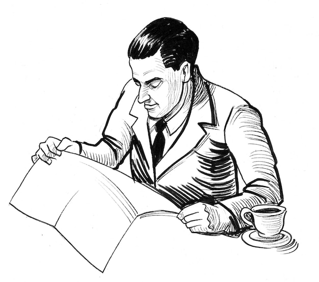 Man krant lezen en drinken van een kopje koffie. Inkt zwart-wit tekening
