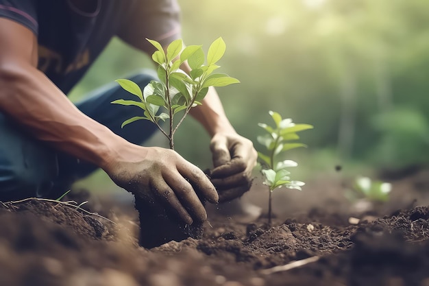 Man kweekt landbouwgewassen in de tuin bij zonsondergang AI