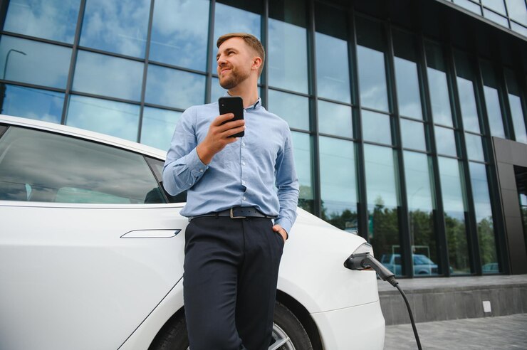 Man laadt zijn elektrische auto op bij laadstation en gebruikt smartphone