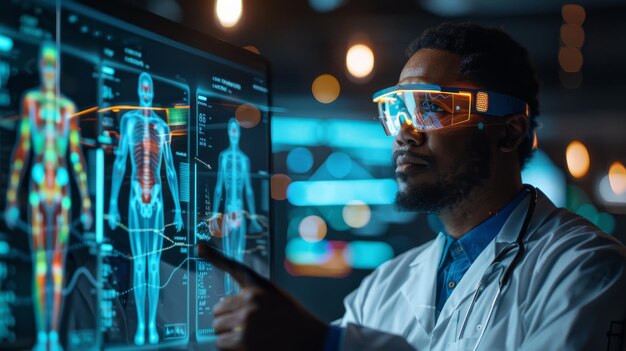 Photo man in lab coat analyzing computer screen