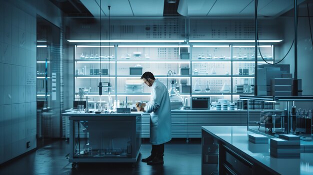 Man in Lab Coat at Counter