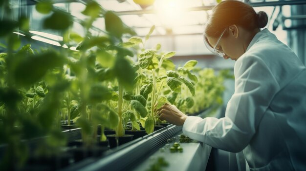 Man in Lab Coat Examining Plants