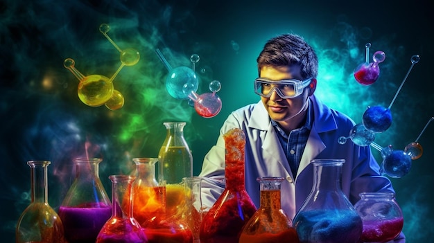 Photo a man in a lab coat and goggles is looking at a beaker with a colorful liquid in it.