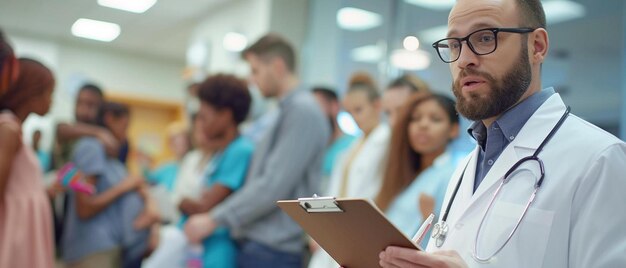 Photo a man in a lab coat holding a clipboard