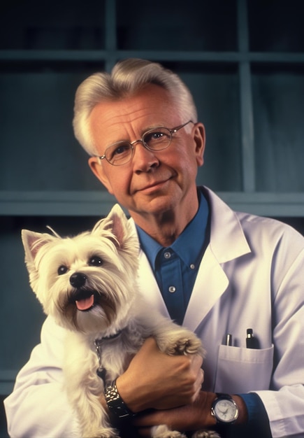 A man in a lab coat holding a white dog generative ai image