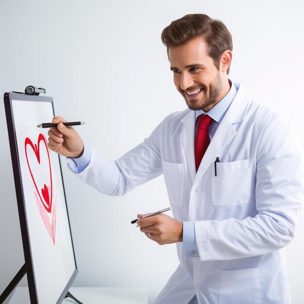 Photo a man in a lab coat is drawing a heart with a red heart drawn on it