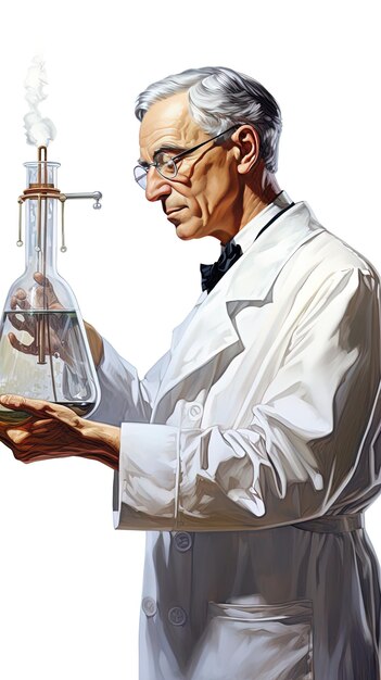 Photo a man in a lab coat is holding a beaker that says  lable