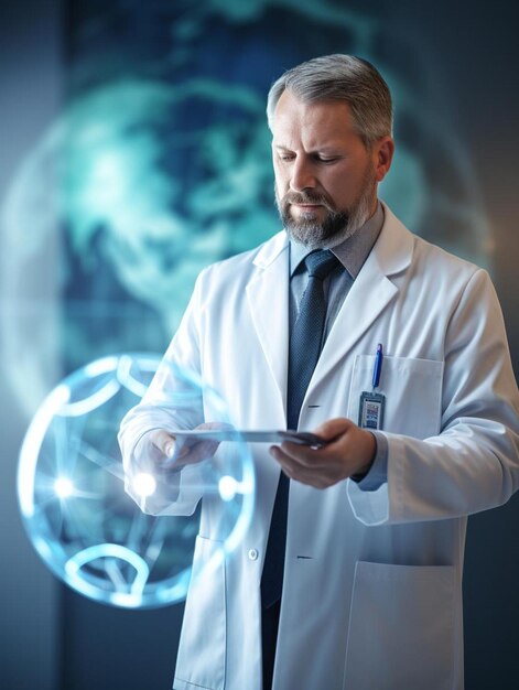 a man in a lab coat is holding a tablet with a stethoscope on it