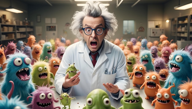 a man in a lab coat is holding up a bunch of monsters