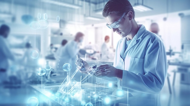 Мужчина в лабораторном халате смотрит на мобильный телефон с синим экраном, на котором написано «технология».