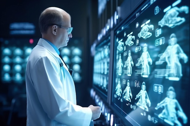 A man in a lab coat is looking at a computer screen