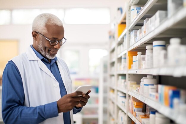 Photo a man in a lab coat is looking at a phone