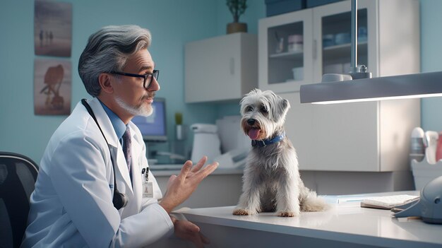 a man in a lab coat is talking to a dog