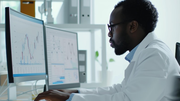 a man in a lab coat is typing on a computer
