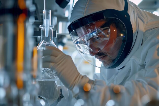 Photo a man in a lab coat is wearing a face mask and gloves while looking at a beaker