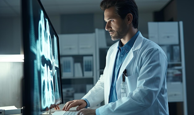 A man in a lab coat looking at a computer screen