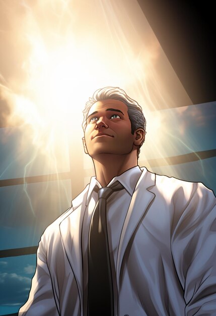 Мужчина в лабораторном халате смотрит на небо, на него падает яркий свет.