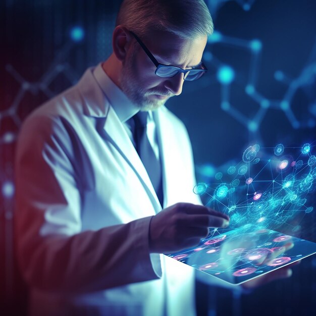 A man in a lab coat looks at a tablet with a dna symbol on it.