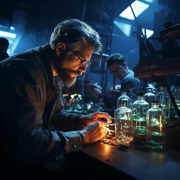 man in lab coat mending a flask in blue jar in the style of use of screen tones grandiose environm