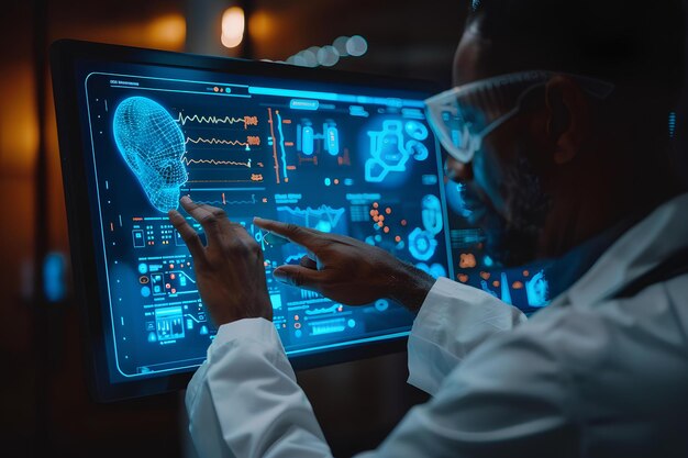 Photo a man in a lab coat pointing at a computer screen with a brain scan on