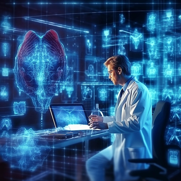 A man in a lab coat sits at a desk in front of a computer screen that says'brain '