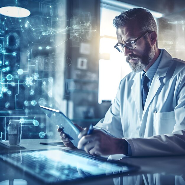 A man in a lab coat sits at a desk with a tablet and a keyboard.