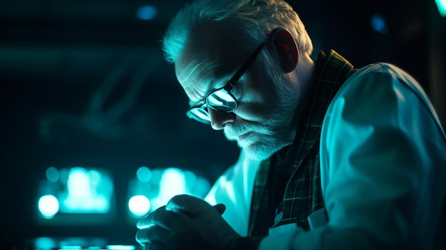 A man in a lab coat sits at a table with a blue light behind him.