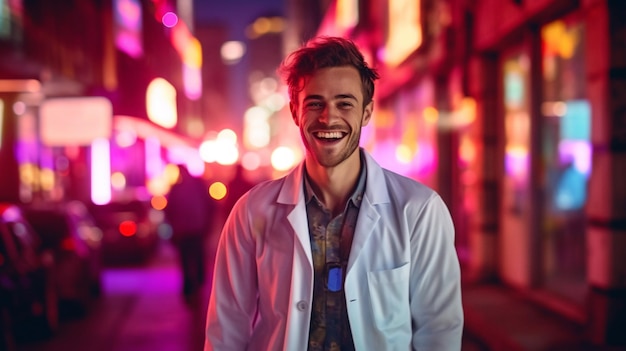 A man in a lab coat smiles at the camera in a neon city