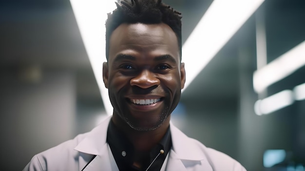 A man in a lab coat smiles at the camera.