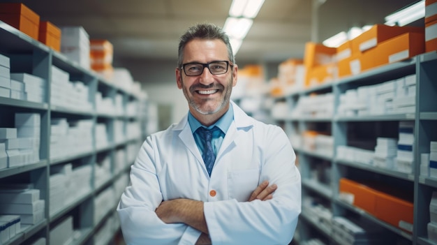 Foto un uomo con un camico da laboratorio che sorride in una farmacia