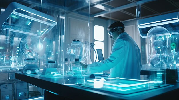 Man in Lab Coat Standing in Front of Counter