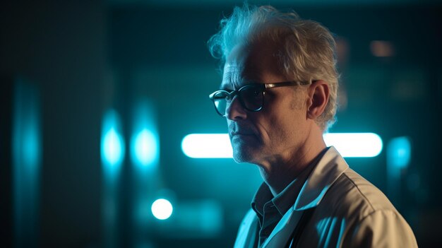 A man in a lab coat stands in a dark room with a blue light behind him.