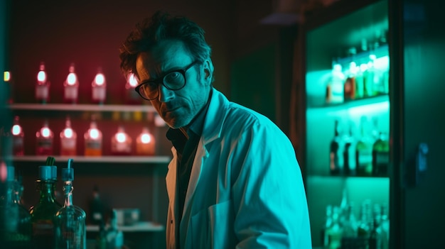 A man in a lab coat stands in front of a bar with a bottle of alcohol behind him.