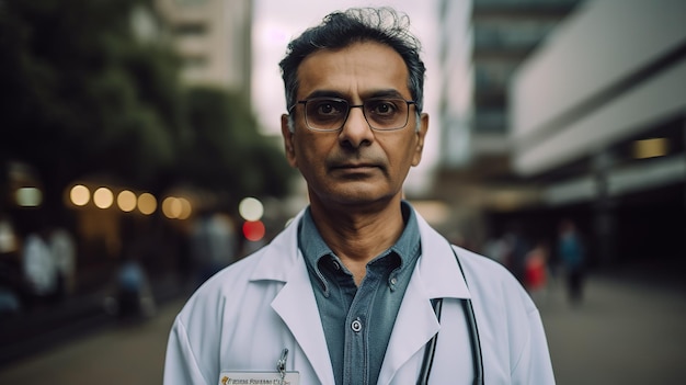 A man in a lab coat stands in front of a city street.