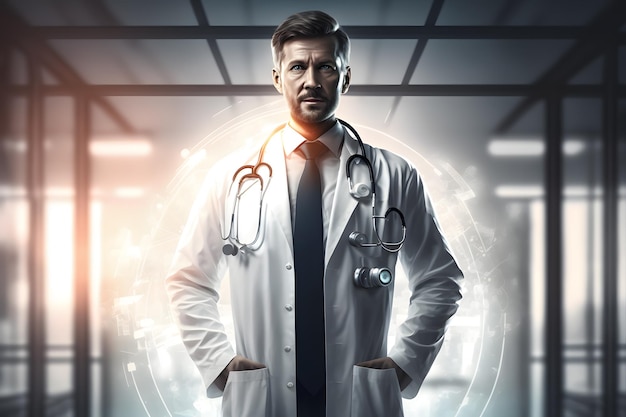 Мужчина в лабораторном халате стоит перед светящимся фоном со светящимся экраном с надписью «доктор».