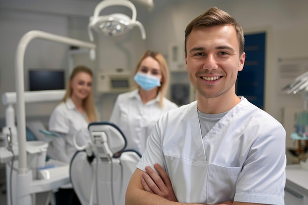 Photo a man in a lab coat stands in front of a group of women in white uniforms