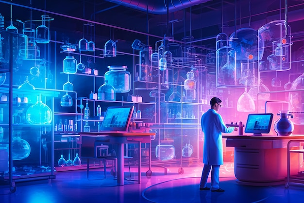 A man in a lab coat stands in front of a large display of chemical equipment.