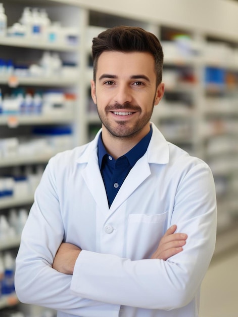 a man in a lab coat stands in front of a pharmacy